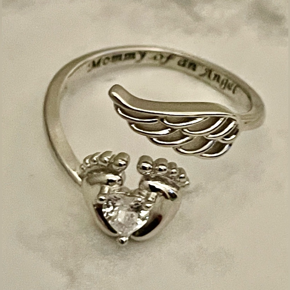 👣🪽Mommy of an Angel / Footprints wings😇 Stamped S925 Silver Adjustable Ring NWT - Picture 5 of 11